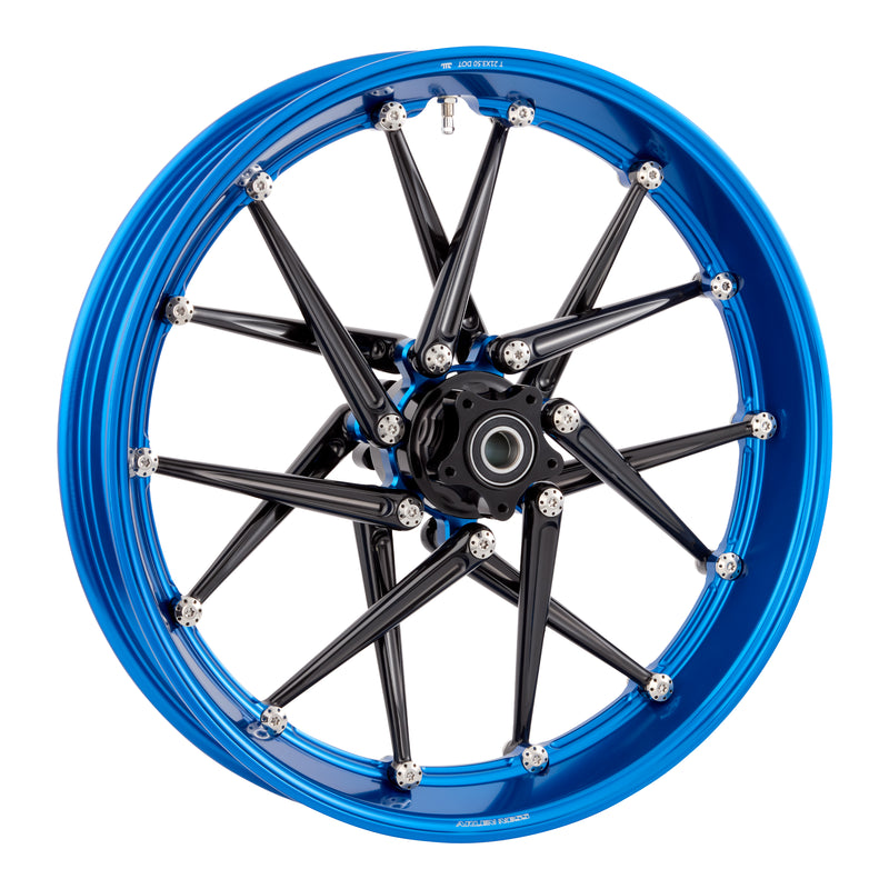 Spoken forged billet wheel in blue anodize with 14 spokes and polished titanium Holeshot hardware