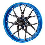 Blue anodized Arlen Ness Spoken forged wheel showing CNC-machined rim lip, alternate view