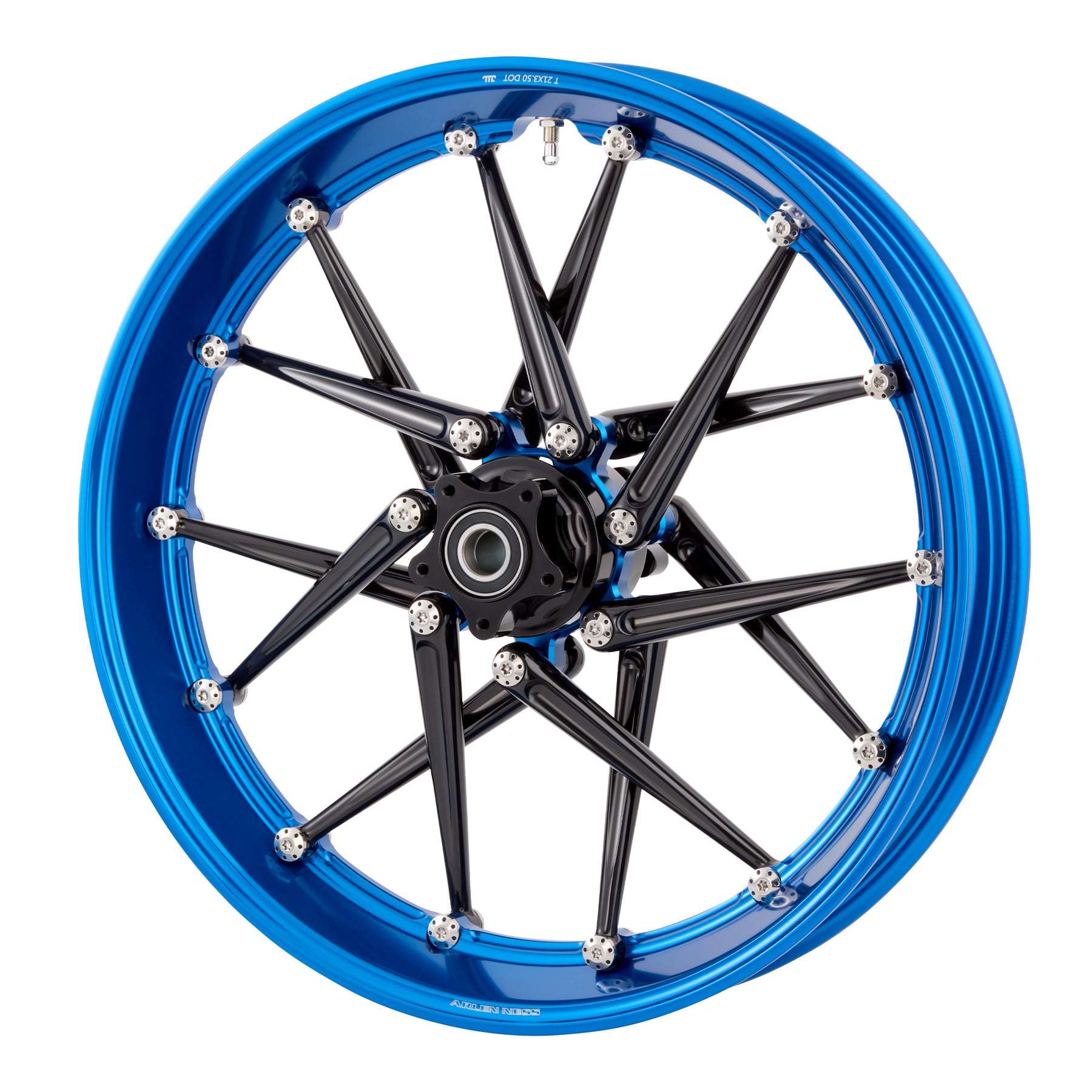 Blue anodized Arlen Ness Spoken forged wheel showing CNC-machined rim lip, alternate view