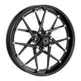 Spoken forged billet wheel in black anodize with 14 spokes and polished titanium Holeshot hardware