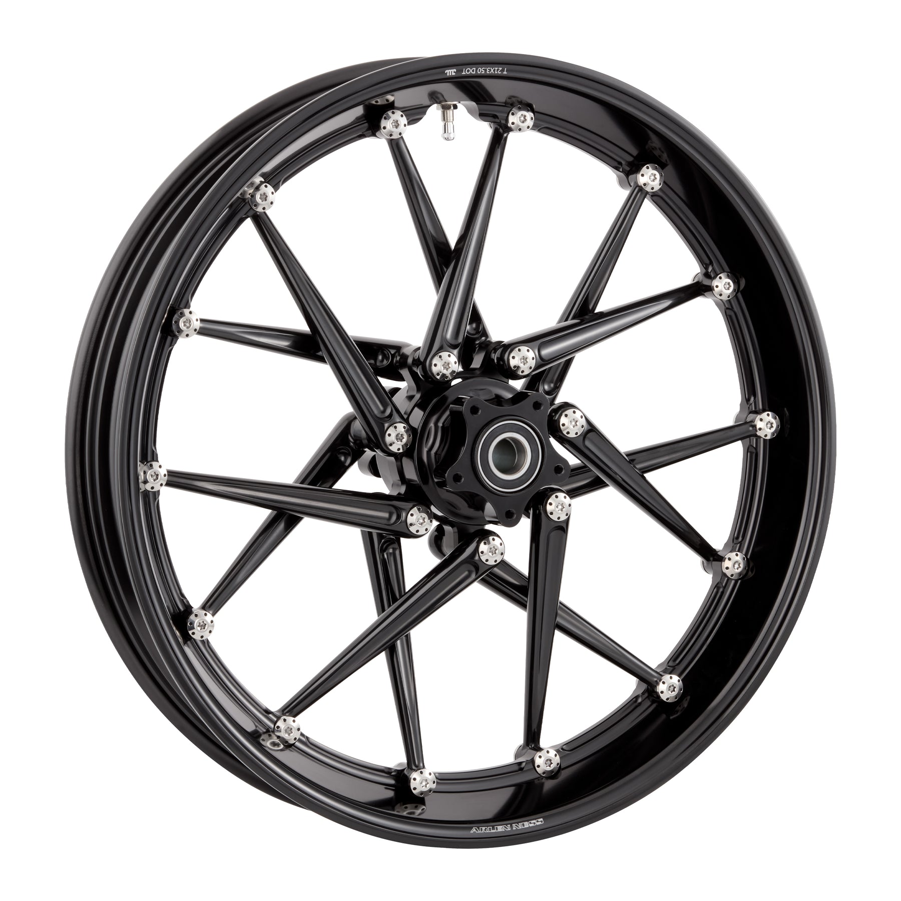 Spoken forged billet wheel in black anodize with 14 spokes and polished titanium Holeshot hardware
