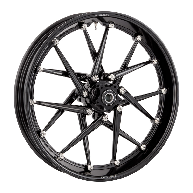 Spoken forged billet wheel in black anodize with 14 spokes and polished titanium Holeshot hardware