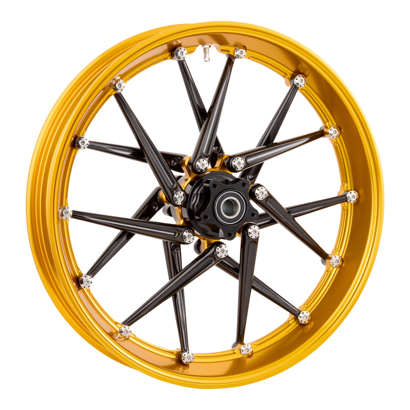 Spoken forged billet wheel in gold anodize with 14 spokes and polished titanium Holeshot hardware