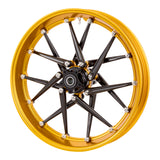 Gold anodized Arlen Ness Spoken forged wheel showing CNC-machined rim lip, alternate view