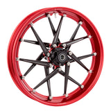 Spoken forged billet wheel in red anodize with 14 spokes and polished titanium Holeshot hardware