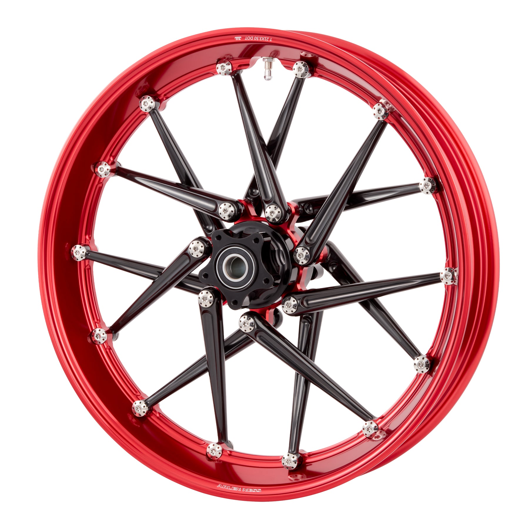Red anodized Arlen Ness Spoken forged wheel showing CNC-machined rim lip, alternate view