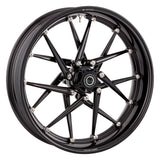 Black anodized Arlen Ness Spoken forged wheel showing CNC-machined rim lip and titanium hardware