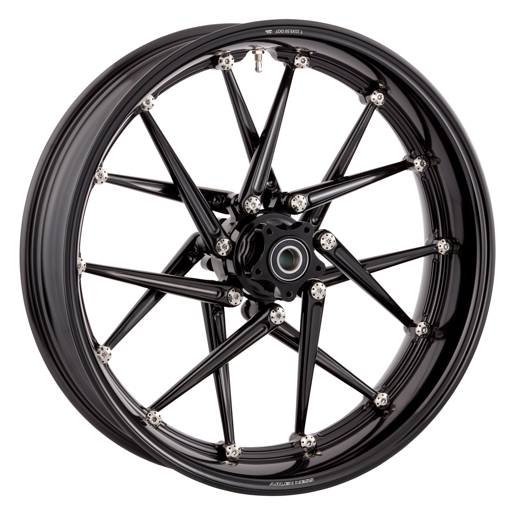 Black anodized Arlen Ness Spoken forged wheel showing CNC-machined rim lip and titanium hardware