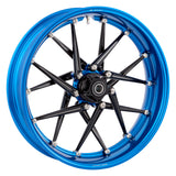 Arlen Ness Spoken forged wheel in blue anodize with drilled titanium Holeshot hardware