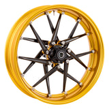 Arlen Ness Spoken forged wheel in gold anodize with drilled titanium Holeshot hardware