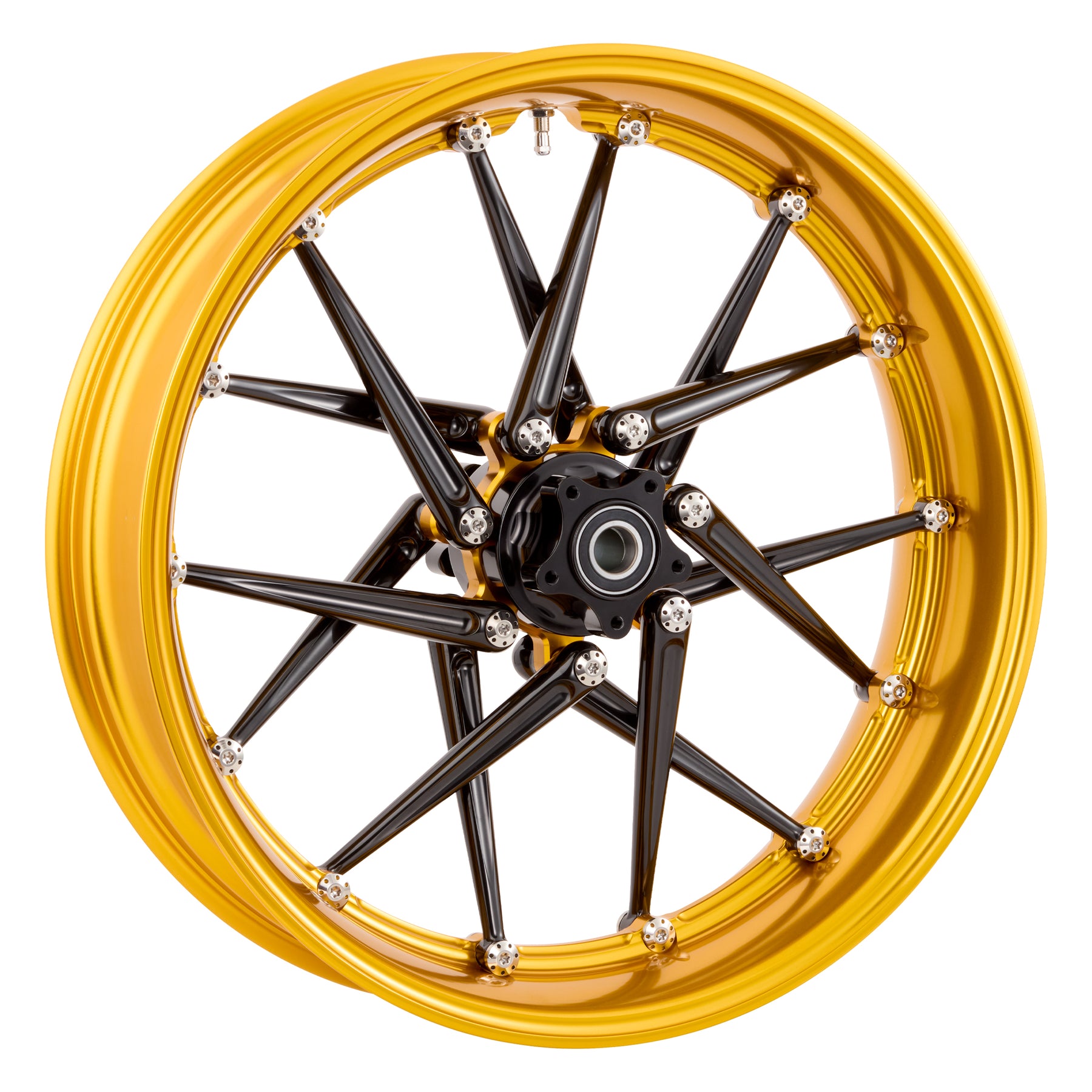 Arlen Ness Spoken forged wheel in gold anodize with drilled titanium Holeshot hardware