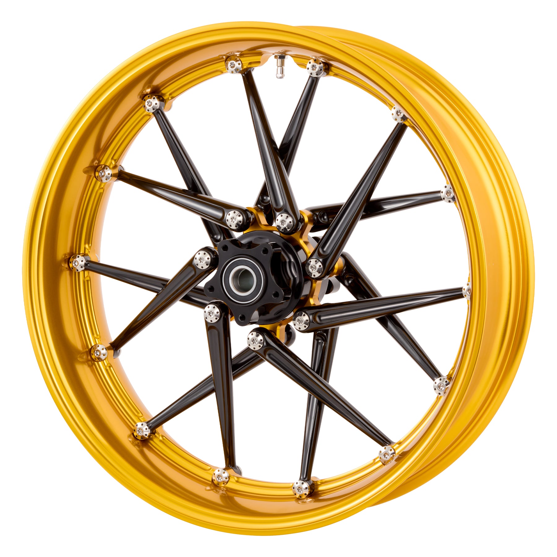 Gold Spoken forged billet wheel, close-up of spokes and rim profile