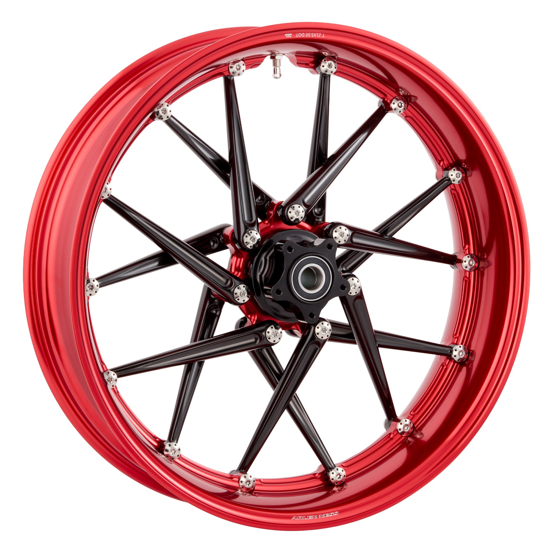 Arlen Ness Spoken forged wheel in red anodize with drilled titanium Holeshot hardware