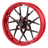 Red Spoken forged billet wheel, close-up of spokes and rim profile