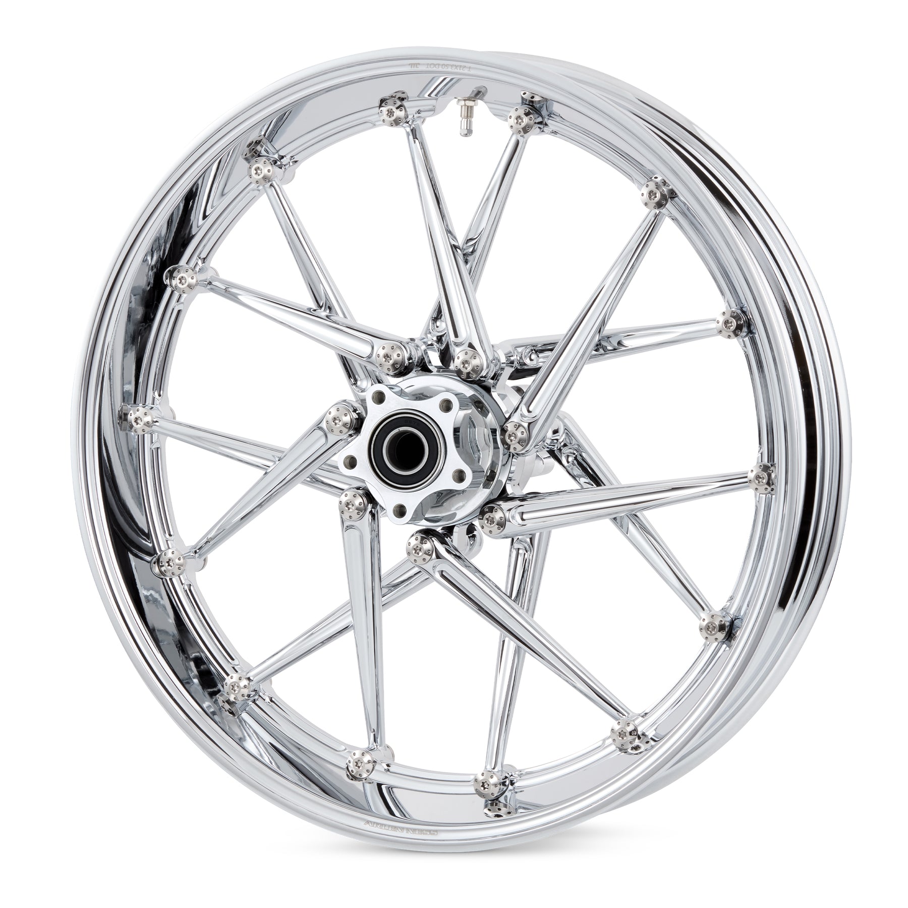 Chrome Arlen Ness Spoken forged wheel showing CNC-machined rim lip and titanium hardware, alternate view