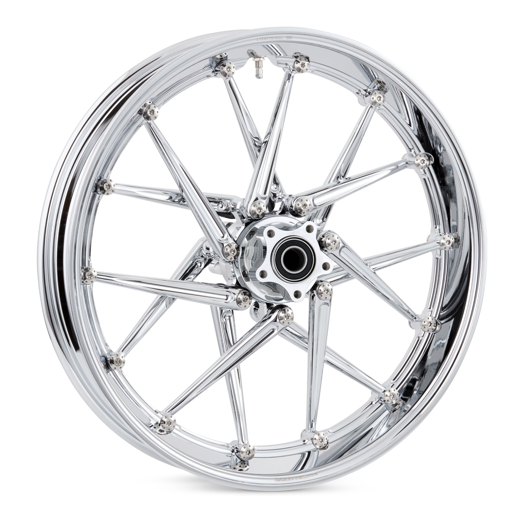 Spoken forged billet wheel in chrome finish with 14 spokes and polished titanium Holeshot hardware