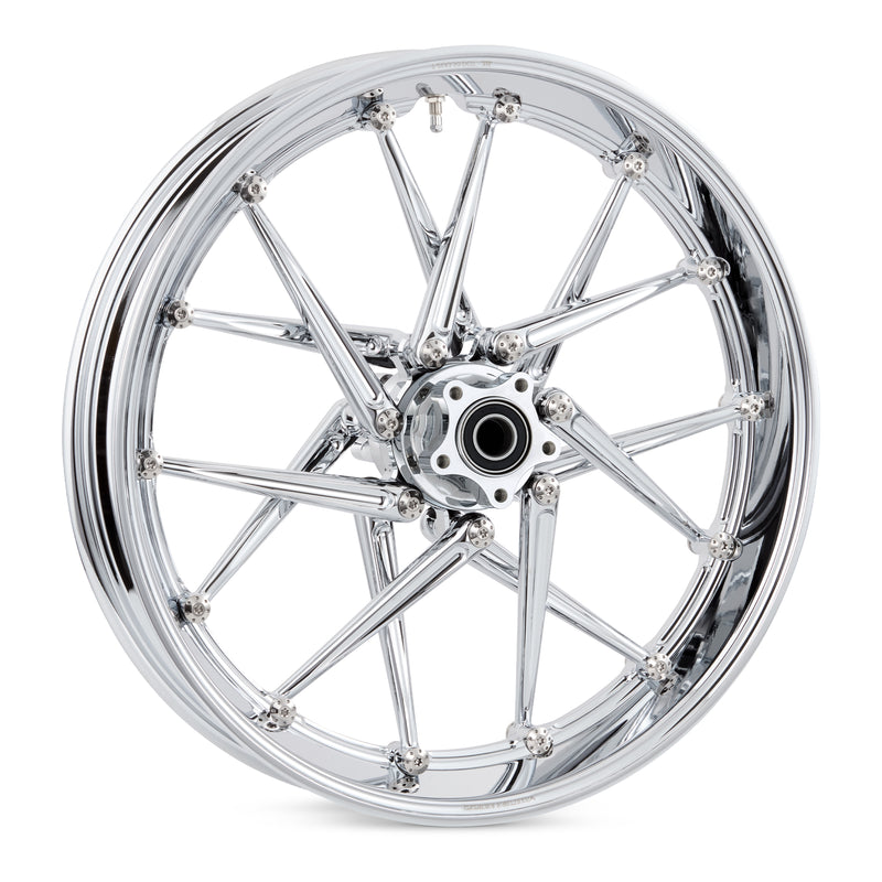 Spoken forged billet wheel in chrome finish with 14 spokes and polished titanium Holeshot hardware